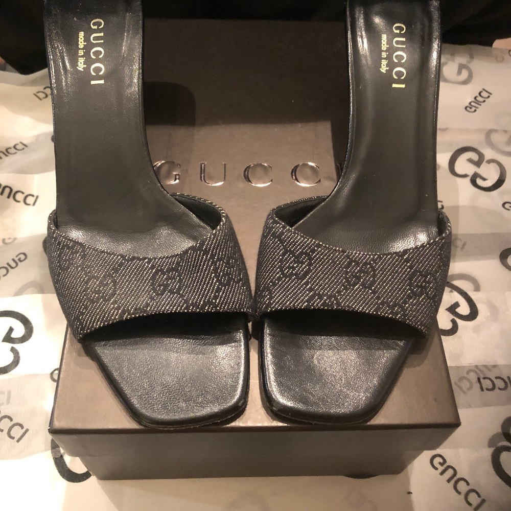 Gucci Sandalo Suola Cuoio Denim Nero Slides Size 7.5